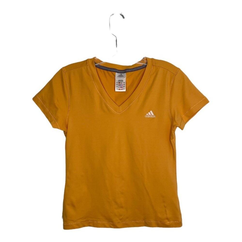 Adidas Womens Top Size M Orange Short Sleeve Activewear Pull On V-Neck